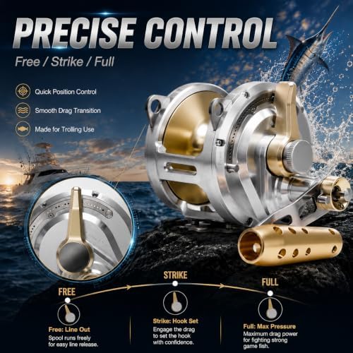 Heavy Duty Tuna Reel Deep Sea Fishing Reel 2 Speed 3.1:1/2.5:1/1.3:1 Gear Ratio Conventional Reel Powerful Drag Force Saltwater Big Game Trolling Reel for Offshore Boat Sailfish Right Handed - Image 4