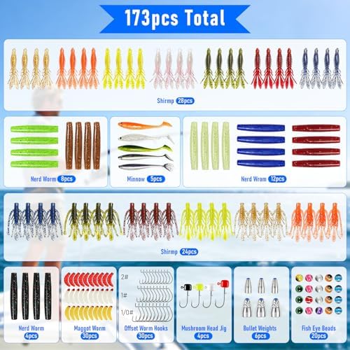 Bass Fishing Lures Kit, 173Pcs Soft Plastic Baits w/ 5 Styles - Image 2