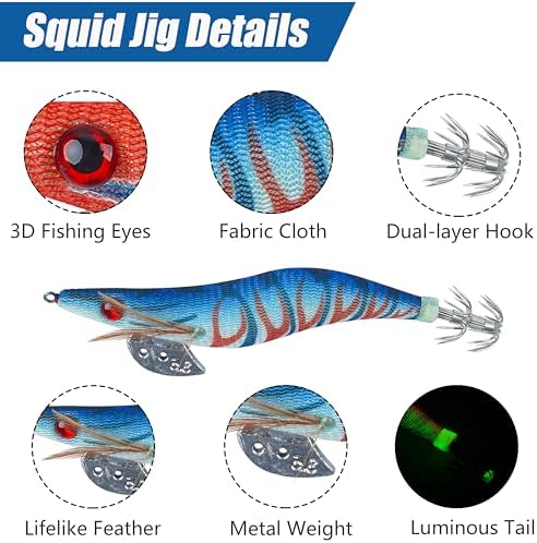 Glow Squid Jig Saltwater Squid Lures, 5/10pcs Luminous Squid Jig Hooks Shrimp Prawn Lures Fluorescent Cuttlefish Sleeve Octopus Jigs Artificial Baits Night Fishing Tackle Size 2.5# 3# 3.5# - Image 2