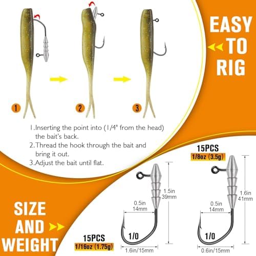 Dovesun 15PCS Hover Rig Jighead Swimbait Jig Heads for Bass Fishing Bass Hooks 1/0 3/0 5/0 Hover Strolling Rig Kit Fishing Jig Heads 1/16OZ 1/8OZ 1/4OZ - Image 4
