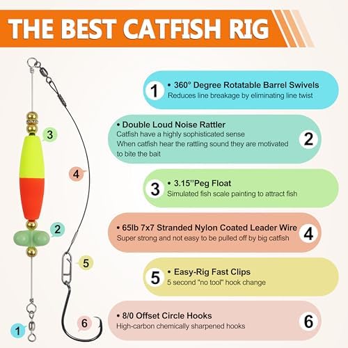Santee Rig Catfish Float Cooper Rig for Bank Fishing Catfishing Tackle Peg Floats with Rattler Circle Hooks 8/0 - Image 2