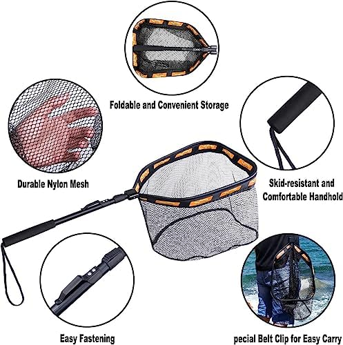 PLUSINNO Floating Fishing Net for Steelhead, Salmon, Fly, Kayak, Catfish, Bass, Trout Fishing, Rubber Coated Foldable Landing Net with Fixed or Telescoping Pole Handle, Fishing Gear and Gifts for Men - Image 6