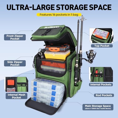 PLUSINNO Fishing Backpack with Rod Holders 4 Tackle Boxes, 42L Large Water-Resistant Fish Tackle Bag Store Fishing Gear, Camping, Hiking Gifts for Men Father, Green - Image 6