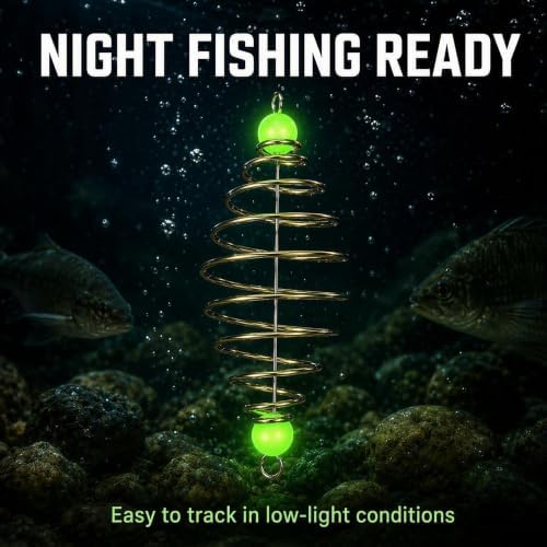 Fishing Bait Cage 40Pcs, Carbon Steel Carp Bait Cage Olive Shape Spring Feeder with Luminous Pendant Bead, Coarse Hair Rig Bait Holder for Carp Catfish Fishing Tackle Accessories - Image 2