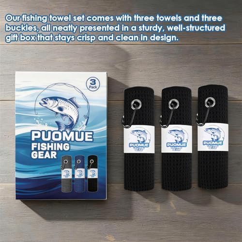 Puomue 3 Pack Microfiber Fishing Towels with Clip, 16" x 16", Waffle Pattern for Effective Cleaning of Fishing Gears or Dirty Hands, Perfect for Camping Towels and Hiking Towles (Black, 16"x16") - Image 3