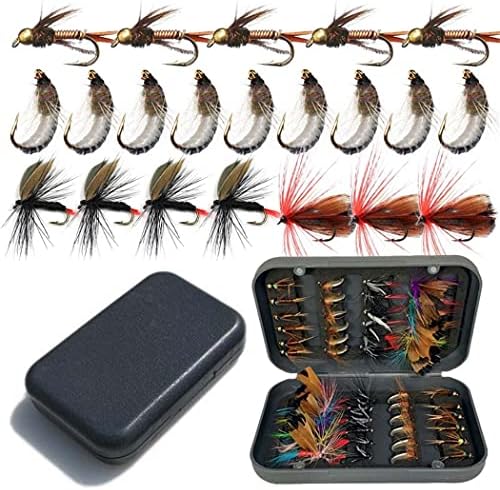 OutdoorFishing Fly Fishing Flies Kit Fly Assortment Trout Bass Fishing with Fly Box, 33/48/72/100/114/148pcs with Dry/Wet Flies, Nymphs, Streamers, Popper by Qievcrme