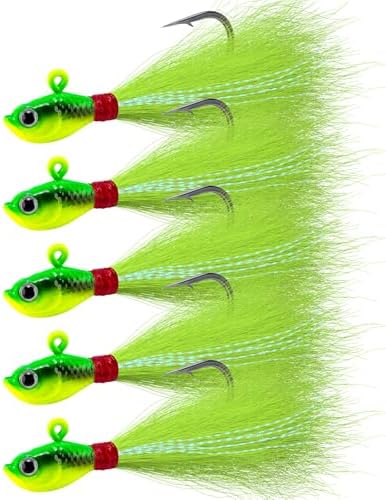 Alwonder 5-Pack Bucktail Jigs Hair Jigs Saltwater Freshwater Fishing Bucktail Lures Surf Fishing Jig Heads White Luminous Chartreuse Swimbait Jig for Bass Flounder Striper Bluefish Halibut Redfish by Alwonder