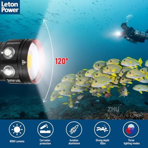 Diving Flashlight, L12 8000Lumens Dive Light,100m Underwater Video Light, Scuba Dive Lights, Underwater Flashlight with Type-C Charging for Professional Under Water Sports - Image 4