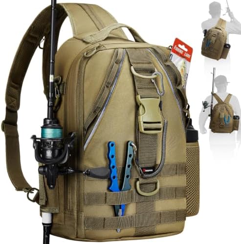 Piscifun Fishing Backpack, Rod Holders, Lightweight Sling Bag, Khaki Large by Piscifun