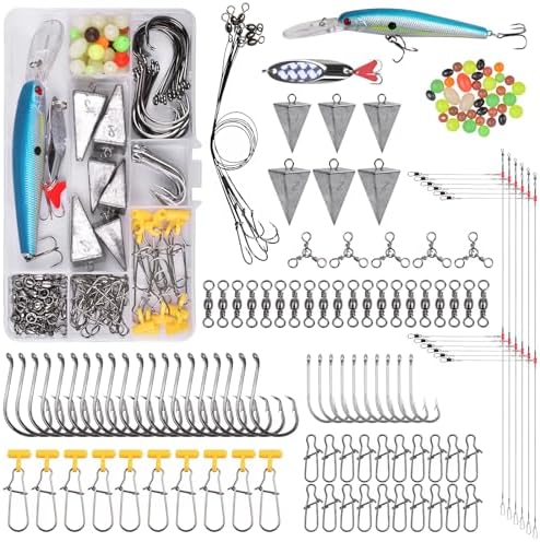 Saltwater Fishing Tackle Kit, 136pcs Surf Fishing Gear Fish Finder Rigs Saltwater Fishing Lures Crankbait Spoon Pyramid Sinker Fishing Hooks Leaders Swivels Ocean Fishing Tackle Accessories by JSHANMEI
