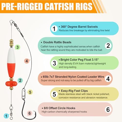 Catfish Rigs Catfish Float Rigs, Catfishing Tackle with Rattles Beads Peg Floats Santee Cooper Rigs for Bank Fishing 6/0 8/0 Circle Hooks - Image 2