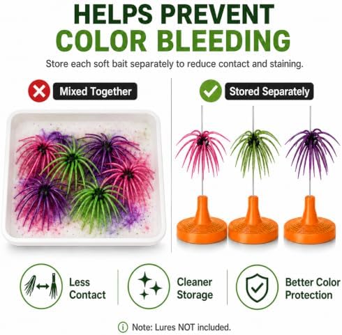 Universal Soft Bait Storage Holder System, Vertical Suspension Pin Design for Urchin & Dice Lures, Prevents Tentacle Deformation and Color Bleeding, 12 Pack (orange) - Image 4