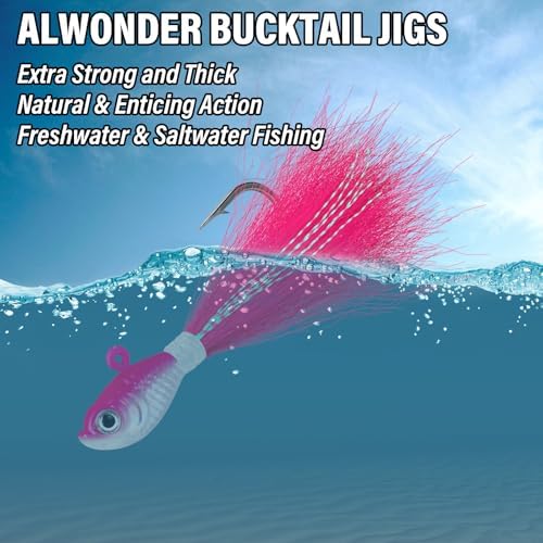 Alwonder 5-Pack Bucktail Jigs Hair Jigs Saltwater Freshwater Fishing Bucktail Lures Surf Fishing Jig Heads White Luminous Chartreuse Swimbait Jig for Bass Flounder Striper Bluefish Halibut Redfish - Image 5