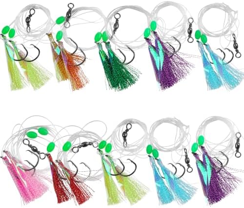 Fishing Bait Rigs Saltwater Set, Flounder Fluke Hi-Lo Rig with Flash Teaser 2 Hook Bottom Fishing Rigs Mackerel Rigs for Halibut Sea Bass Cod Rockfish Surf Pier Ocean Fishing by SILANON