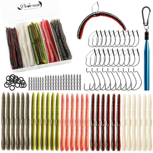 Dovesun Wacky Worm for Bass Trout Fishing Worms Kit with Soft Plastic Baits, Weedless Hooks, Bass Hooks,Weedless Jig Head, Wacky Rig Tool, O-Rings, Weight 152Pcs/131Pcs/50Pcs by Dovesun