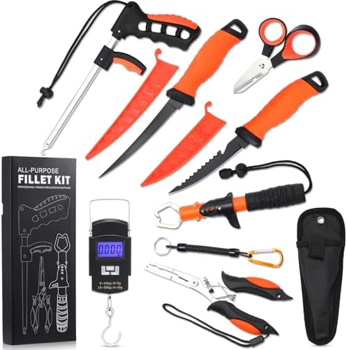 RoundFunny 9 Pcs Fishing Tool Kit, Fishing Pliers with Lanyard Sheath, Fillet Knife Kit Combo, Digital Scale, Hook Remover, Lip Gripper, Braid Scissors, Fish Gear Equipment Easter Gift Basket Men by RoundFunny