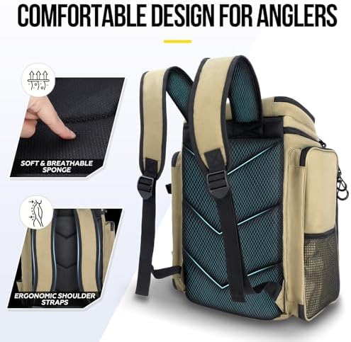 PLUSINNO Fishing Backpack with Rod Holders, 42L Large Water-Resistant Tackle Bag for Fishing, Camping, Hiking, Gifts - Khaki - Image 6