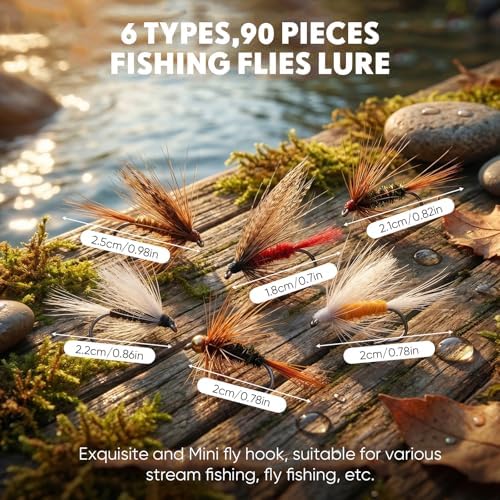 Outus 90 Pcs Fly Fishing Flies Kit Assortment for Trout Bass Salmon - Hand Tied Dry Wet Nymph Streamer Flies Set with 6 Classic Patterns & Sizes #10#12#14, Fly Box Refill Fishing Lures Sets Tackle - Image 2