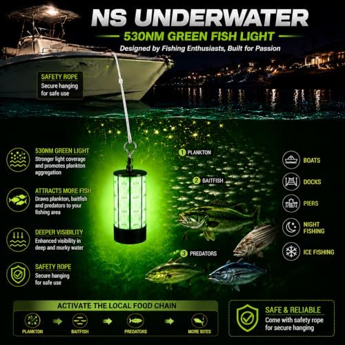 Underwater Fishing Light 120W 15000LM, 530nm Green Submersible Fish Attractant Light with 30FT Cord, 100–277V AC to 12V DC Adapter, 40FT Safety Cable, for Night Fishing, Dock, Boat - Image 3