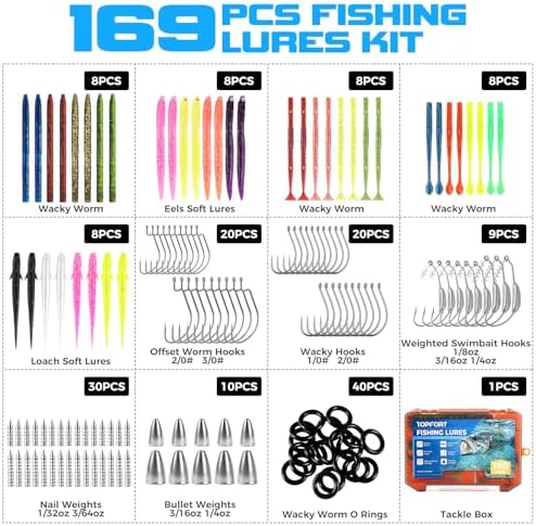 TOPFORT Fishing Lures, Bass Fishing Kit with Wacky Worm, Fishing Worms for Bass Fishing, Soft Plastic Baits with Hooks, Weights, Fishing Accessories, Fishing Gear Fishing Gifts for Men with Tackle Box - Image 3