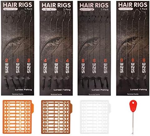 Carp Fishing Hair Rigs, 20 Pcs Curved Barbed Carp Hook Anti-Tangle Swivel Braided Thread line with 3 Card Boilie Bait Stops Dumbell Stoppers and Stringer Needle by Luroad