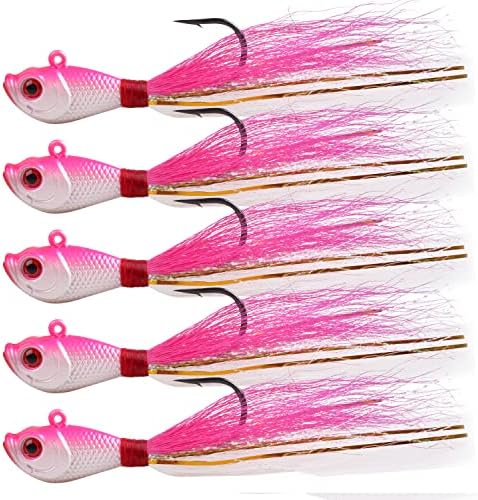 Bucktail Jigs Saltwater Fishing Lures, 5pcs Premium Bucktail Hair Jigs Head Saltwater Striper Lures for Bass Flounder Bluefish Halibut Redfish Surf Fishing 1/4oz 1/2oz 1oz 1.5oz 2oz by OROOTL