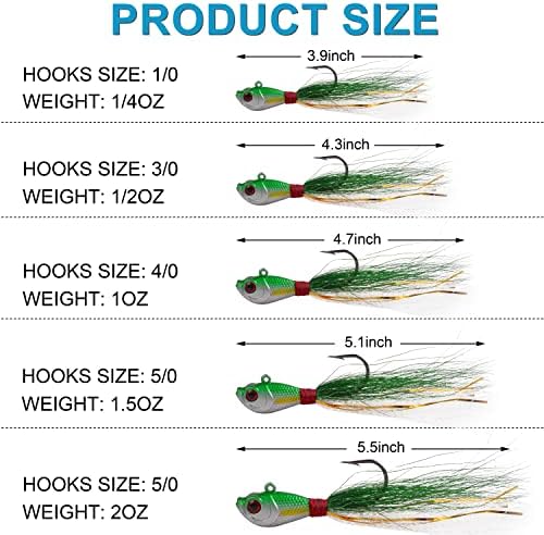 Bucktail Jigs Saltwater Hair Jig Lures, 5pcs Bucktail Jigs Fishing Lures Surf Fishing Jig Head Swimbait Jig Hook for Bass Flounder Striper 1/4oz 1/2oz 1oz 1.5oz - Image 3