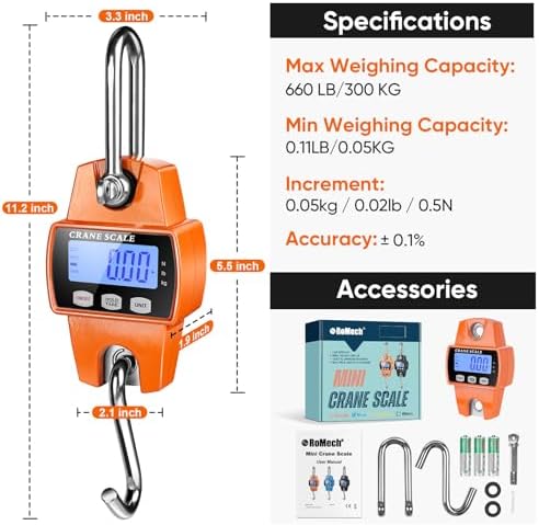 ROMECH 660lb Digital Hanging Scale, Aluminum Crane Scale with Hooks - Image 4
