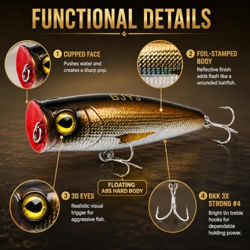 Topwater Popper Fishing Lure, 4in 0.81oz ABS Floating Saltwater Bait with BKK 3X #4 Treble Hooks, Foil-Stamped Finish for Inshore Striped Bass Redfish Snook Tarpon - Image 3