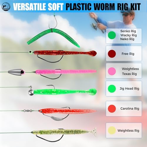 PLUSINNO Wacky Worm Fishing Lure Kit, Soft Plastic Fishing Lures, Grub Baits Hook Wacky Rig Bass Trout Fishing Worms Lures w/Tackle Box - Image 3