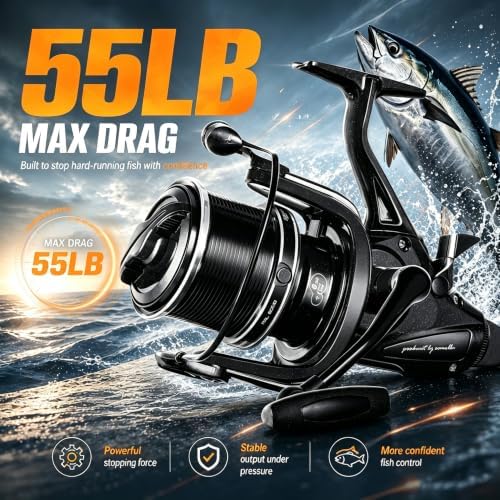 Double Brake Spinning Reel Heavy Duty Metal Body with CNC Machined Spool 55LB Max Drag 6+1 BB Smooth 4.1:1 High Speed Gear Ratio Saltwater Freshwater Reel for FPL 8000-12000 Series - Image 3
