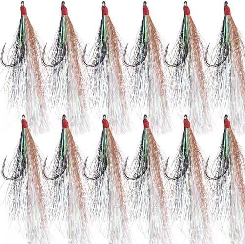 Bucktail Teasers Fishing Hooks Saltwater Flounder Rig Bucktail Mylar Teasers Inserted Fishing Teaser Hooks for Jigs Spoons Lures Hi/Lo Rig Striped Bass Bluefish Flounder Surf Bottom Fishing by AGOOL
