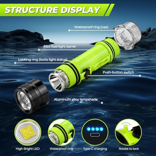 Diving Flashlight Underwater LED Light, 1500 Lumen & 3 Modes IPX8 Waterproof Flashlight, Rechargeable Torch Scuba Dive Light Water Lights for Night Diving Snorkeling Outdoor Sports(Black) - Image 3