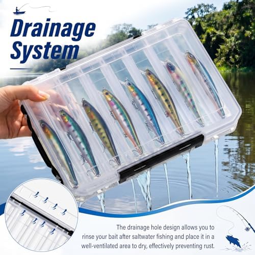 2 Pack Double Sided Fishing Lure Boxes 14 Compartments Waterproof Fishing Tackle Box Organizer with Handle, Portable Clear Hard Bait Storage Case for Jerkbait, Minnows & Hooks (White) - Image 5