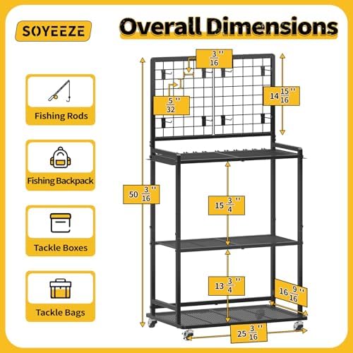 SOYEEZE Large Size Fishing Rod Holders for 12 Rods, Rolling Fishing Pole Holders for Garage, 3-Tier Fish Rod Rack for Tackle Box, Fishing Supplies,a Display Fish Gear Storage Gift for Man - Image 2