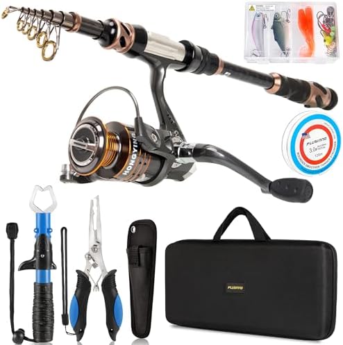 PLUSINNO Fishing Rod and Reel Combos - Carbon Fiber Telescopic Fishing Pole - Spinning Reel 12 +1 Shielded Bearings Stainless Steel BB by PLUSINNO