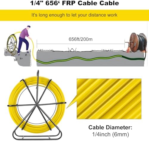 656ft (6mm x 200m) Fiberglass Duct Rodder Fish Tape, Heavy Duty Electrical Fish Tape Cable Puller with Steel Reel Stand for Electrical Wiring Conduit Underground Pipes, Non-Conductive - Image 5