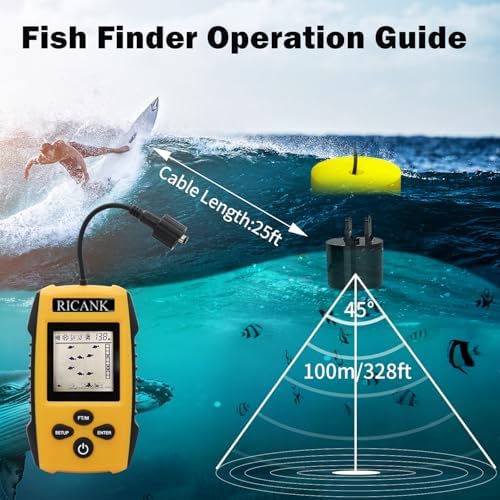 Portable Fish Finder, Handheld Fish Depth Finder Contour Readout Fishfinder Ice Kayak Shore Boat Fishing Fish Detector Device with Sonar Sensor Transducer and LCD Display Gear Fish Depth Finder - Image 2