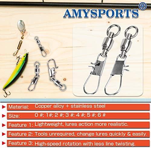 AMYSPORTS Fishing Swivels with Interlock Snap Ball Bearing Swivels Fishing Snap Swivels Saltwater Freshwater Fishing Tackle Leader Lure Jigs Line Fishing Connector - Image 2