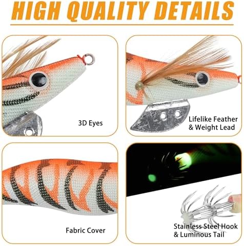 5pcs/10pcs Luminous Squid Jig Hooks Bionic Shrimps Lures Prawn Saltwater Hard Bait 3D Eyes for Octopus Jig Cuttlefish Artificial Baits Fish Tackle 3.94inch - Image 3