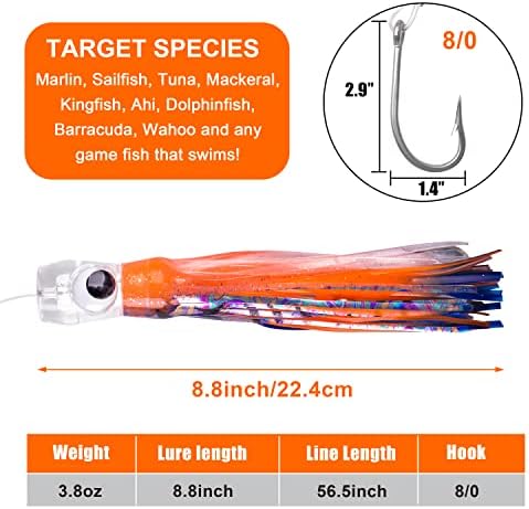 Saltwater Fishing Lures 6/9inch Trolling Lures for Marlin Mahi Tuna Dolphin Shark Big Game Deep Sea Fishing Baits Squid Skirts Rigged Hooks Ocean Gear Tackle - Image 3
