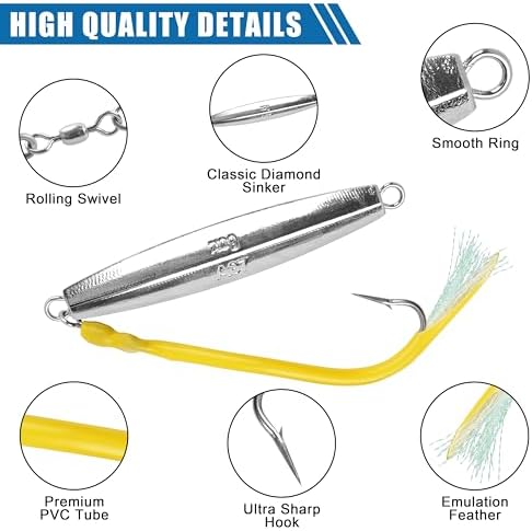 Diamond Jig Saltwater Fishing Lures Casting Jigging Spoon with Tube Tail Stainless Steel Hooks Trolling Lures Striped Bass Metal Jig for Deep Sea Surf Fishing Bottom Dragging Sinking - Image 6