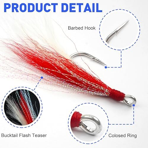Bucktail Teaser Fishing Hooks,5pcs Saltwater Flounder Rig Stainless Steel Fishing Jig Hooks Bucktail Mylar Flash Teasers Inserted for Striper Catfish Cod Flounder Hi/Lo Rig - Image 2