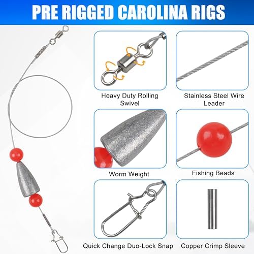 Carolina Rigs for Bass Fishing, Pre Rigged Carolina Catfish Rigs Kit Ready Tied Steel Fishing Leaders with Bullet Fishing Weights Beads for Saltwater Freshwater 3/8oz 1/2oz 3/4oz - Image 2