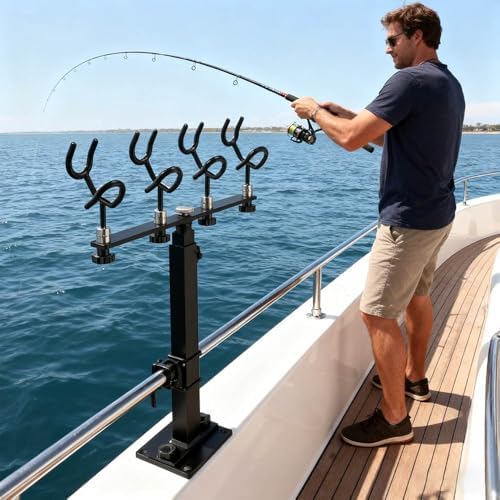 360 Degree Rotation & Adjustable Height Fishing Rod Holder with 4 Head, Marine Fishing Pole Rack with Mounting Plate, Multi-Functional Aluminum Fishing Rod Support for Wide Occasions - Image 5