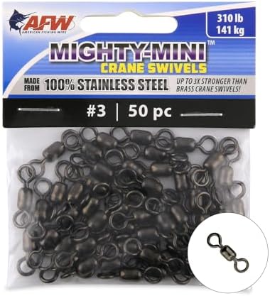 AFW American Fishing Wire Fishing Swivels - Mighty Mini 100% Stainless Steel Crane Swivels, 3X Stronger Than Brass, for Terminal Tackle Box, Up to 600lb Test - Fishing Gear for Fishing Line Leaders by AFWFishingBrands