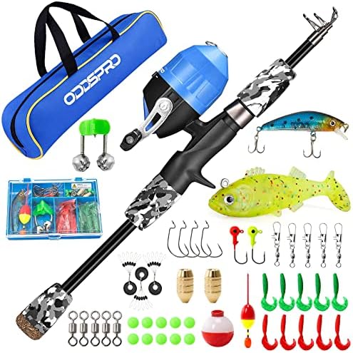 ODDSPRO Kids Fishing Pole Pink, Portable Telescopic Fishing Rod and Reel Combo Kit - with Spincast Fishing Reel Tackle Box for Girls, Youth by ODDSPRO