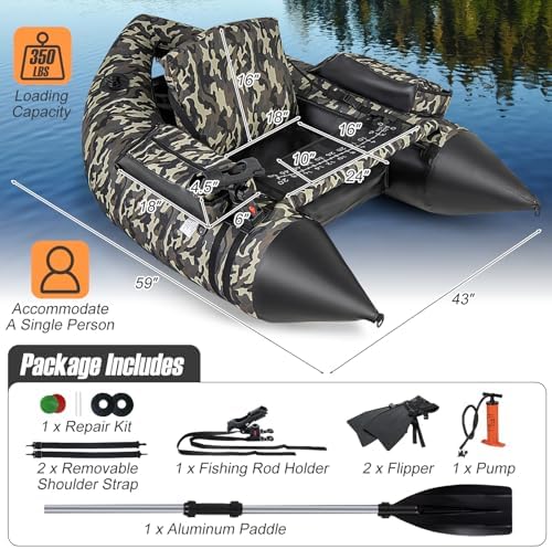 GYMAX Fishing Float Tube, 350LBS Inflatable Belly Boat with Oar, Flippers, Rod Holder, Fish Ruler, Hand Pump & Zipper Storage, Portable Backpack Float Tubes for Fishing - Image 6