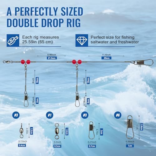 Narcissus Double Drop Saltwater Fishing Rig –2 Hook Bottom Rigs with Swivels & Snaps, Pre-Tied Surf Pier Boat Leader Line for Snapper, Bass, Mackerel, Catfish - Image 2