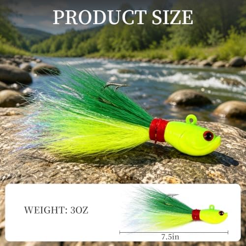 Cobia Jig, 3oz Saltwater Bucktail Jigs with Chartreuse Tail, Vertical Jigging Lures for Striper, Fluke, Flounder & Walleye - Image 2